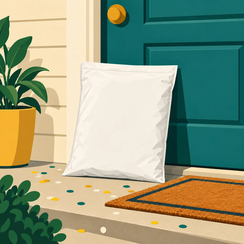 A white mailer printed with the brand Loud Chewers Anonymous, leaning against a front door.